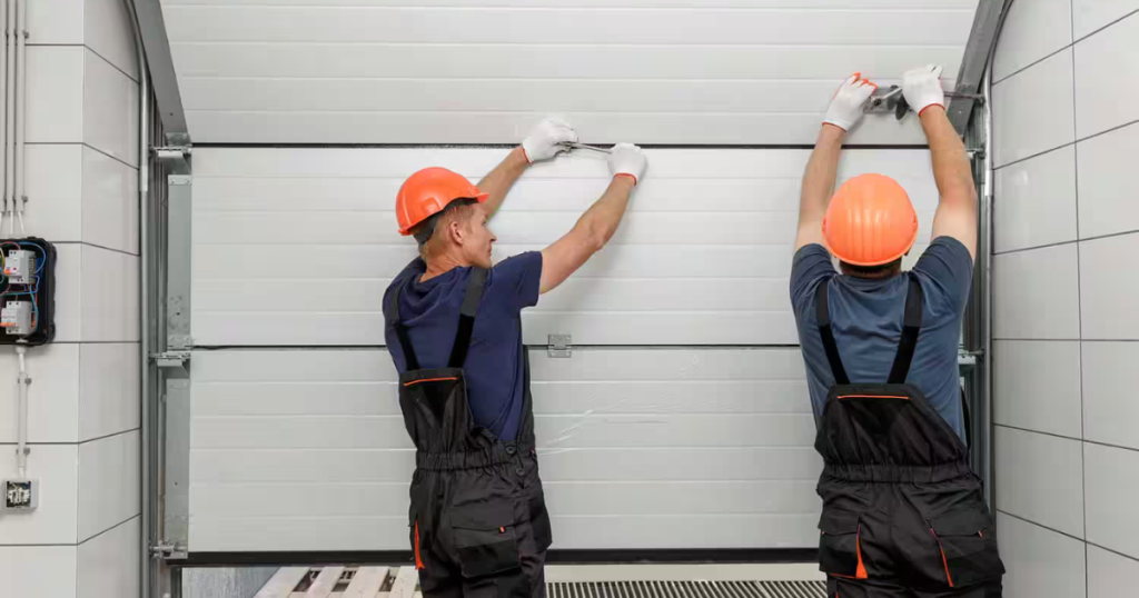 Two men fix garage door