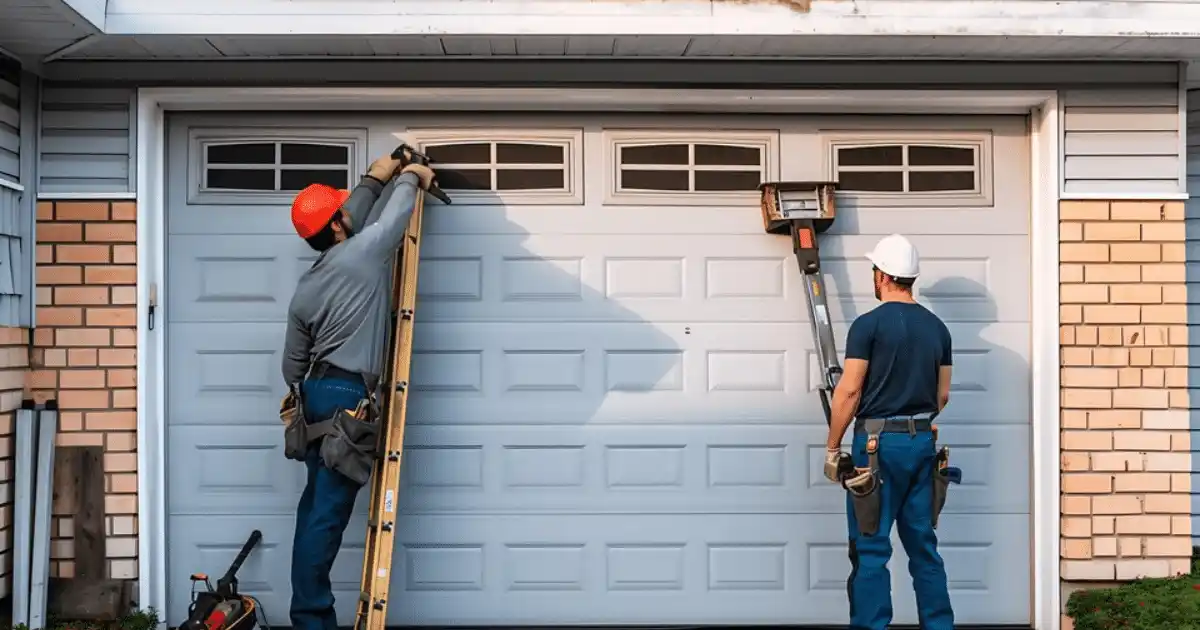 two experts checking a garage door